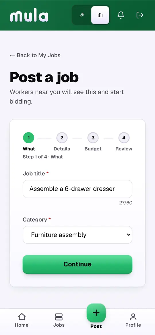 Mula's post-a-job form: job title “Assemble a 6-drawer dresser”, category Furniture assembly.